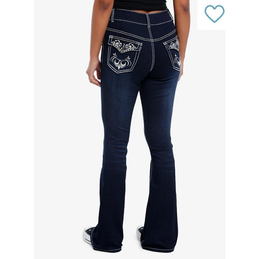 Hot Topic Y2K Dark Indigo Filigree Rhinestone Flare Denim Pants Jeans Size 0//24